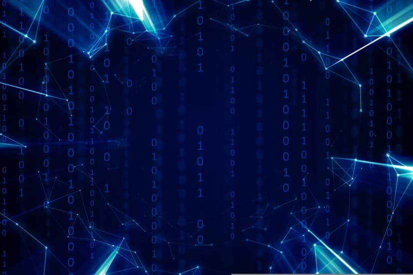 Vertical binary code streams and glowing blue geometric nodes form a connected digital network in deep space.