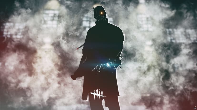 Silhouette of The Doctor from Dead by Daylight with a glowing orange eye and sparking weapon amidst thick smoke.