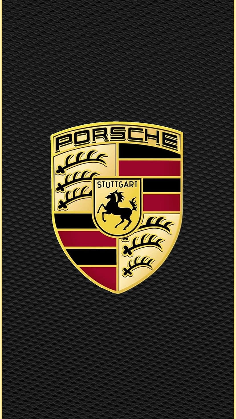 Porsche crest emblem with red and gold detailing centered on a dark textured surface for a mobile screen.