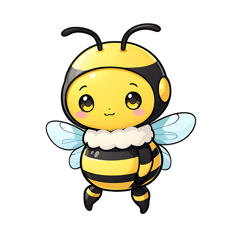 Bumblebee sticker illustration featuring yellow black stripes, blue wings, and a glossy white die-cut outline.