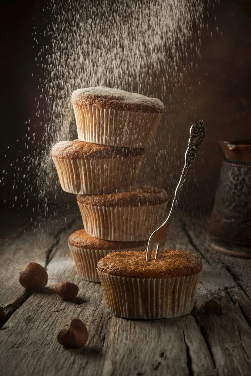 Muffins stacked on a wooden table are dusted with powdered sugar near a metal fork against a dark backdrop.