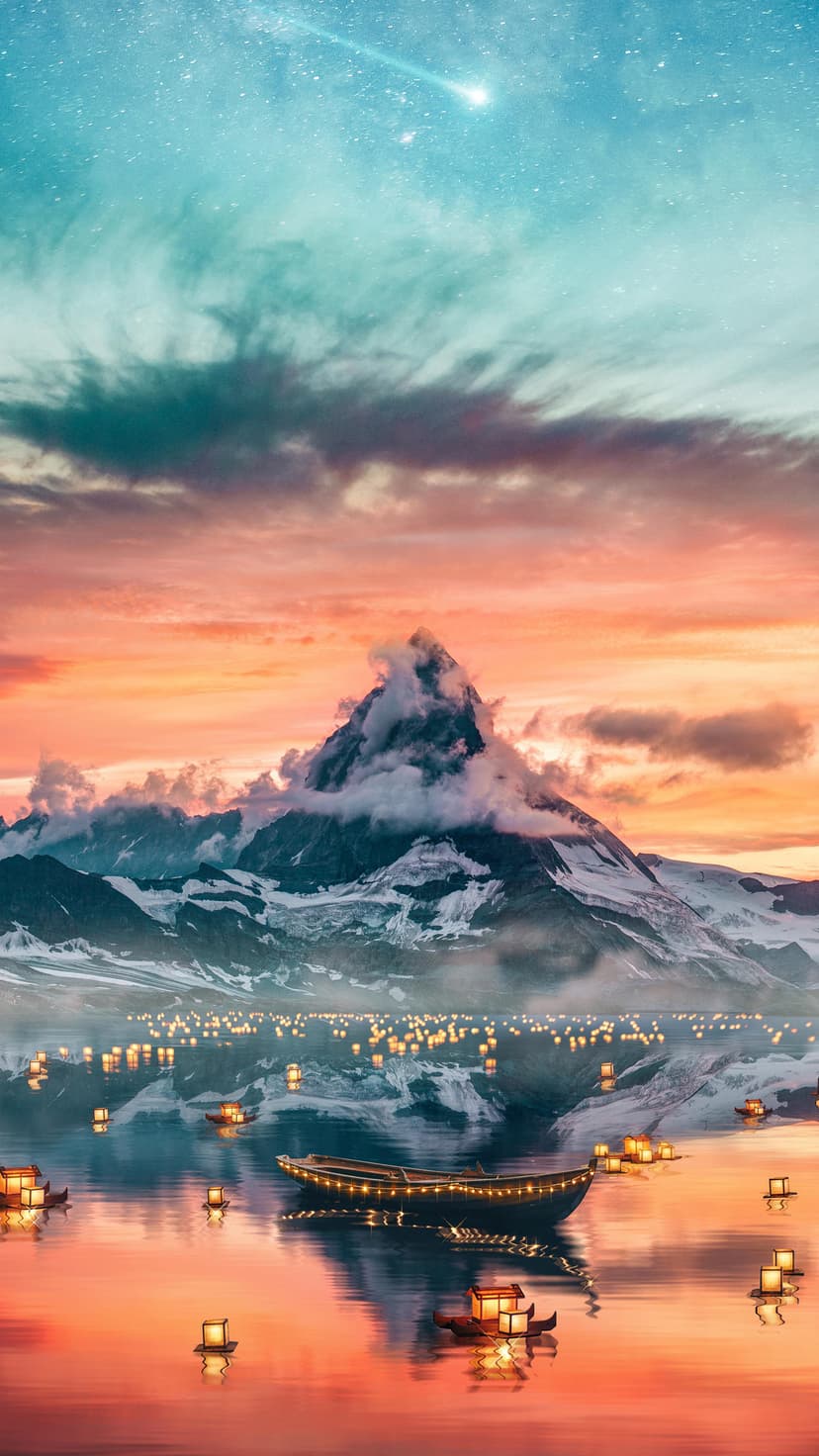 Glowing paper lanterns float on a calm alpine lake reflecting snow-capped mountains and a starry night sky.