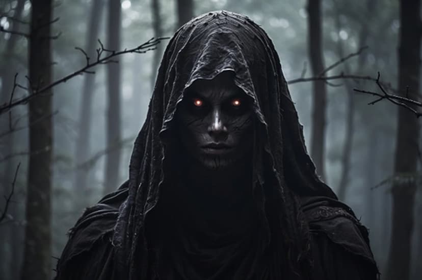 Cloaked figure with glowing red eyes stands in a dense foggy forest surrounded by twisted bare tree branches.