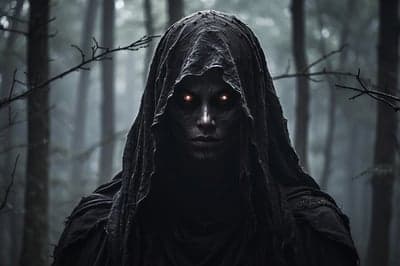 Dark Hooded Figure with Glowing Eyes in Misty Forest