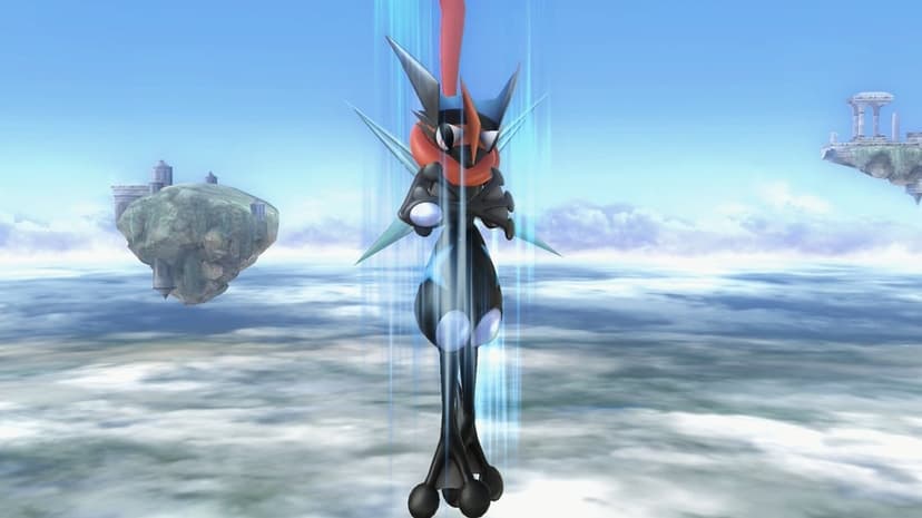 Black Greninja with vertical blue energy beams floating over a sky world with white clouds and floating islands.