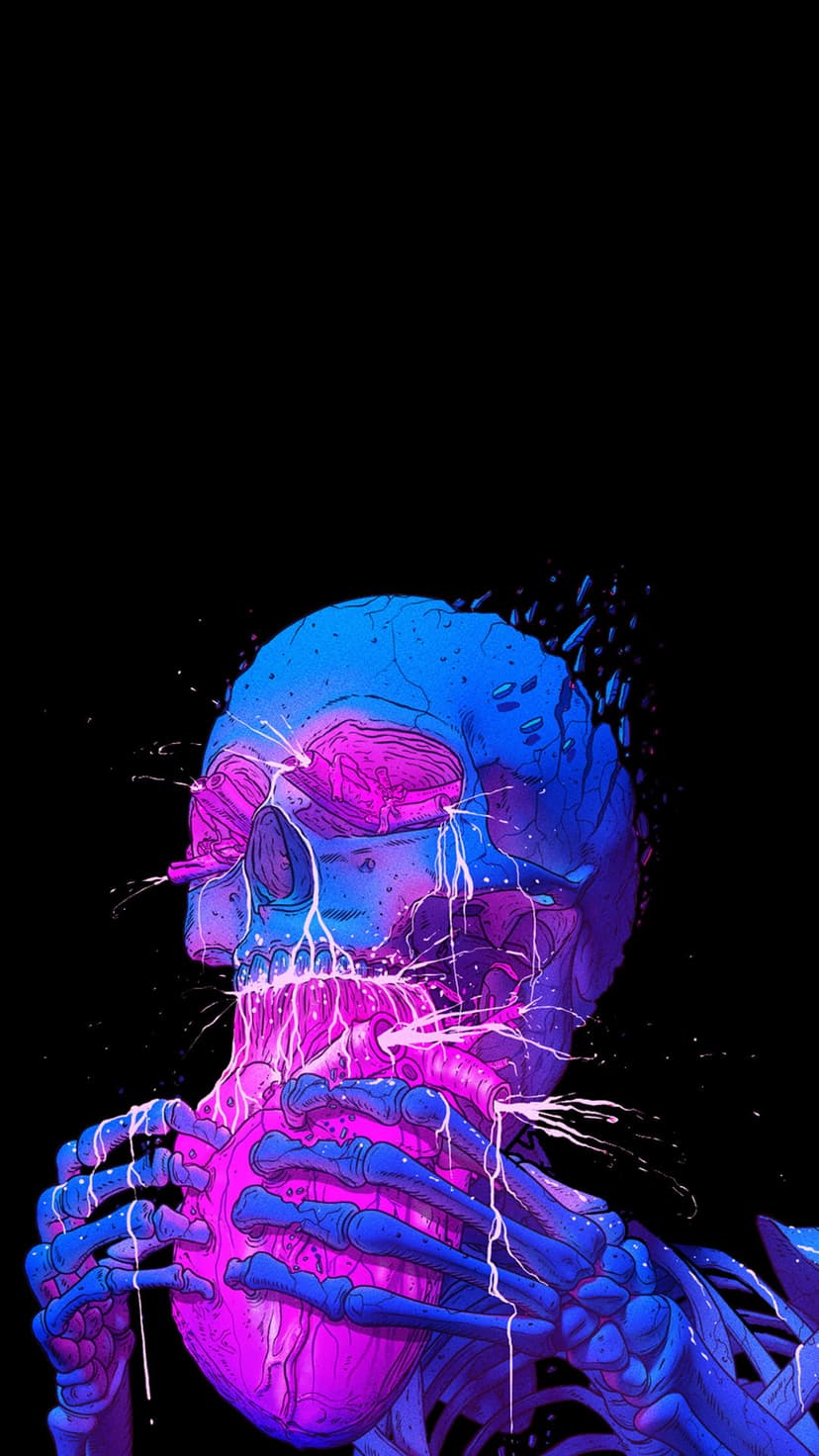Skeletal skull in neon blue and pink hues holding a glowing anatomical heart with dripping liquid accents.