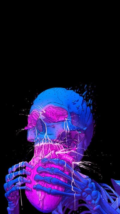 Abstract Neon Skull Holding a Glowing Heart