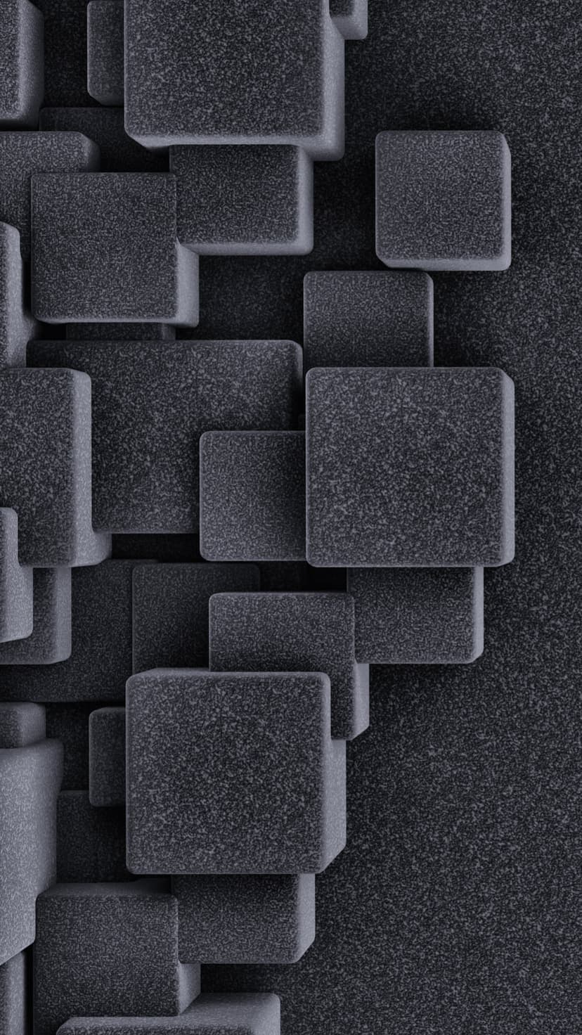 Charcoal grey 3D cubes with a grainy stone texture are arranged in a deep, shadowed geometric stack.