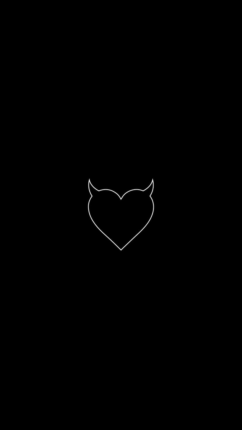 White heart outline with devil horns centered on a solid black background for a minimalist mobile screen.