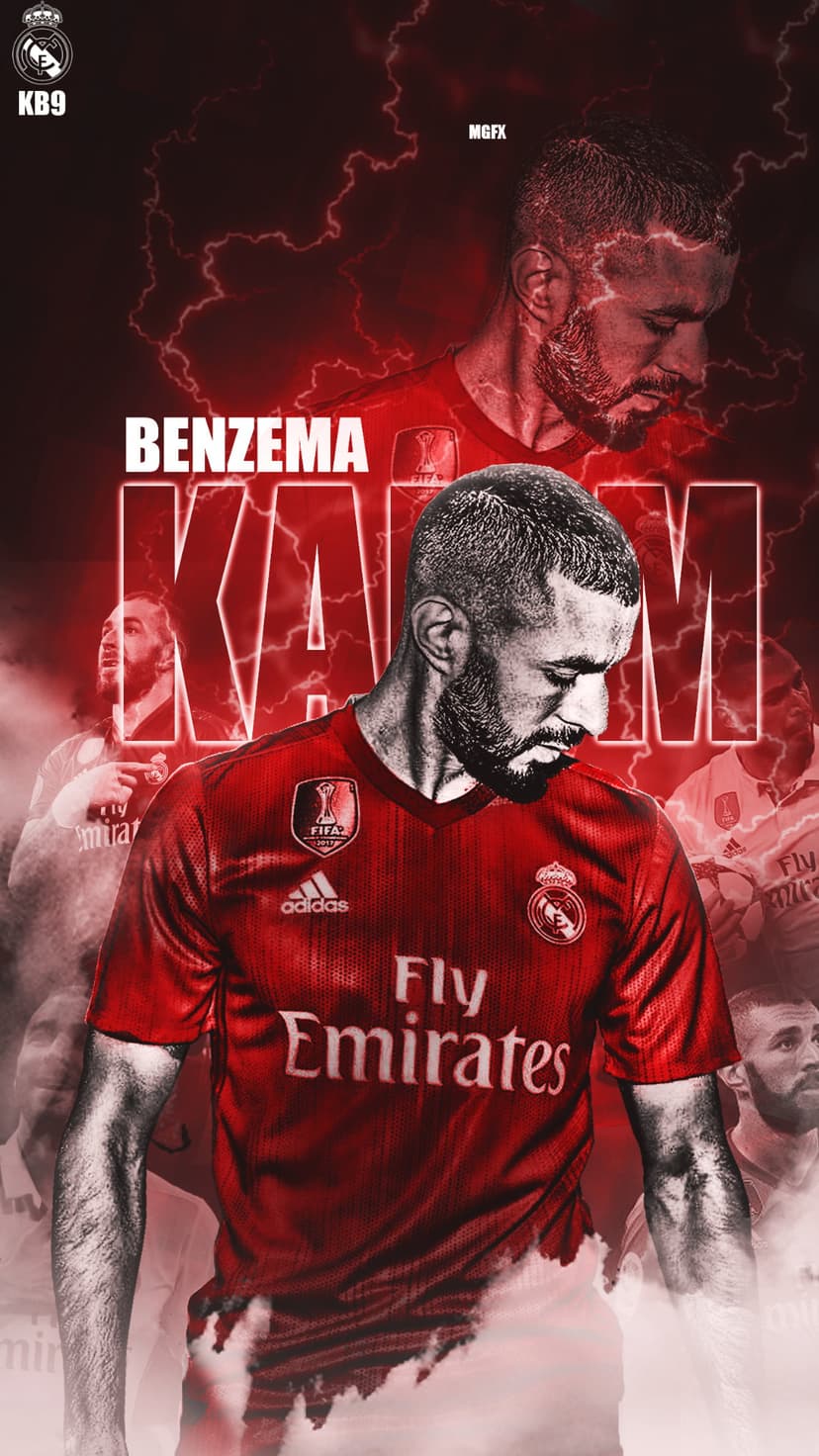 Karim Benzema wearing a red Real Madrid kit with glowing red lightning bolts across the dark background.