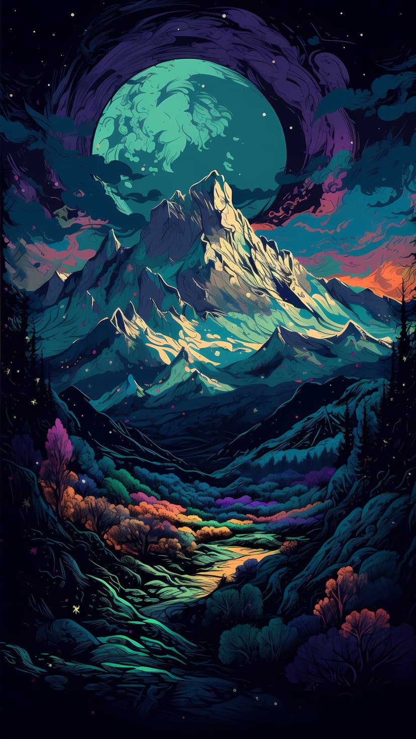 Glowing teal moon suspended over sharp mountain peaks and a winding valley path under a colorful nebular sky.