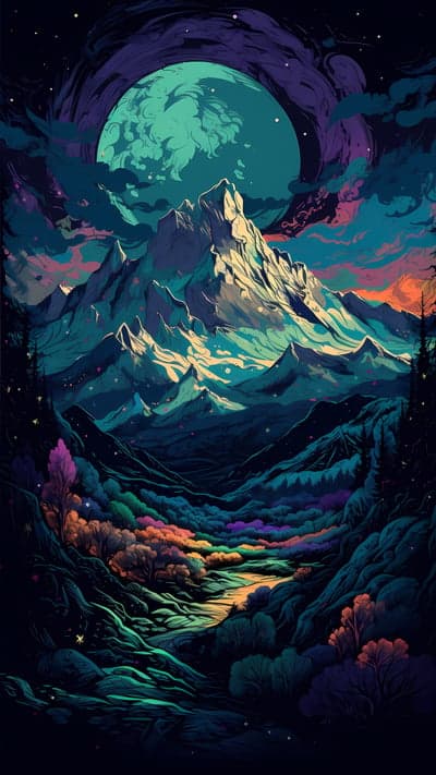 Surreal Mountainscape Under a Cosmic Teal Moon