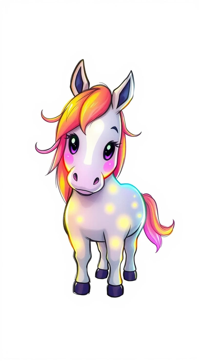 White horse with a vibrant pink and yellow mane, large purple eyes, and yellow spots on its body.