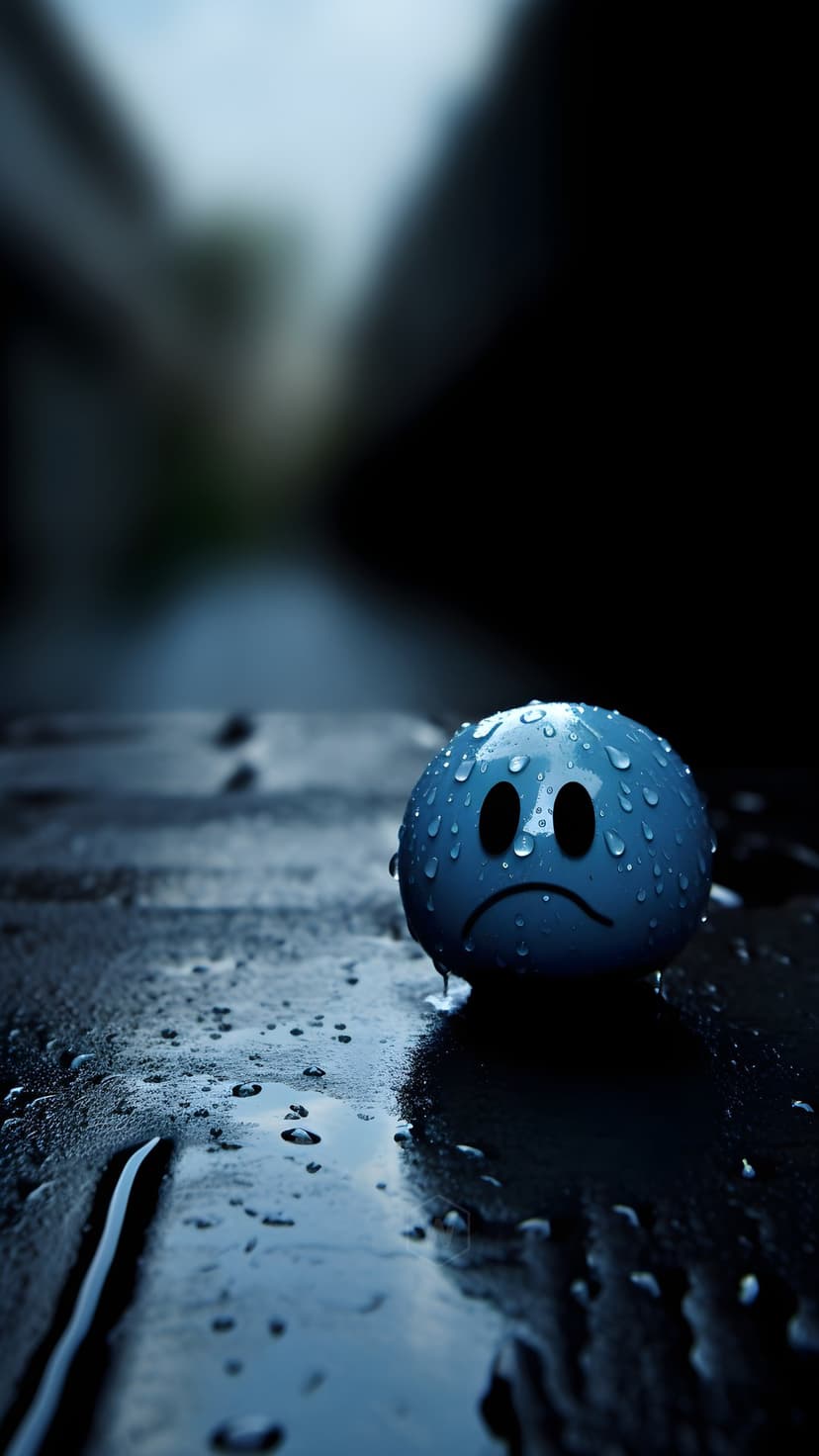 Blue sad smiley face covered in raindrops sits on a dark wet surface with soft bokeh lights in the background.