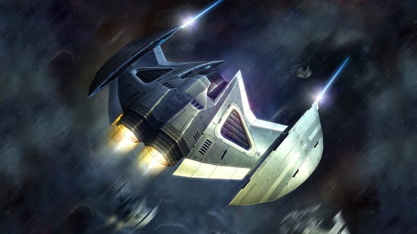 Dark angular starfighter with glowing orange engines and blue wingtips flying through a cosmic nebula.