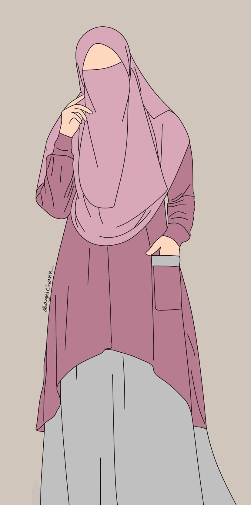 Muslim woman wearing a flowing pink hijab and dress rests her hand on her cheek against a pastel background.