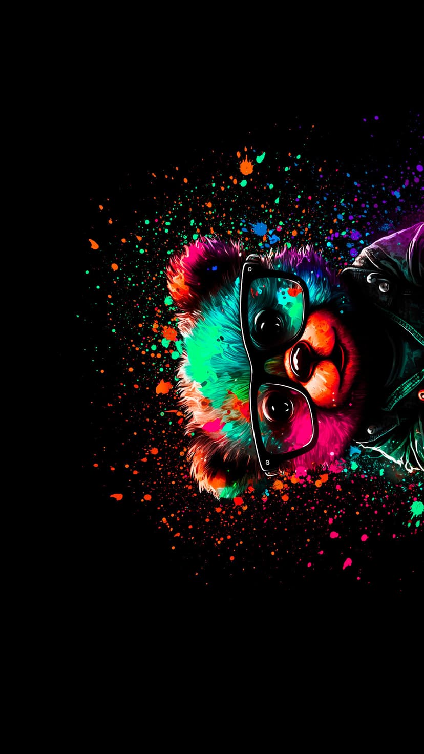 Sloth wearing thick glasses features rainbow-colored fur and vibrant paint splatters against a black background.