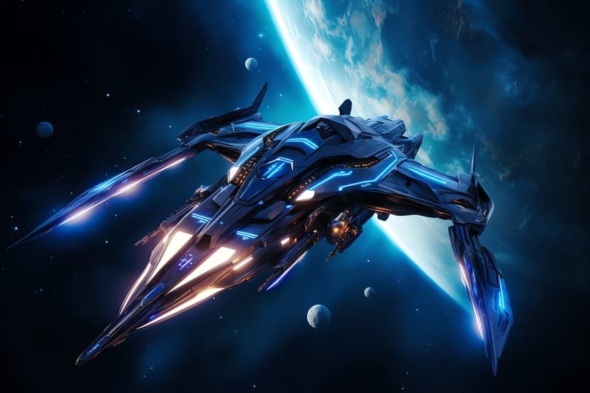 Sleek blue spaceship with neon lights flying past a large glowing planet and moons in a deep star-filled galaxy.