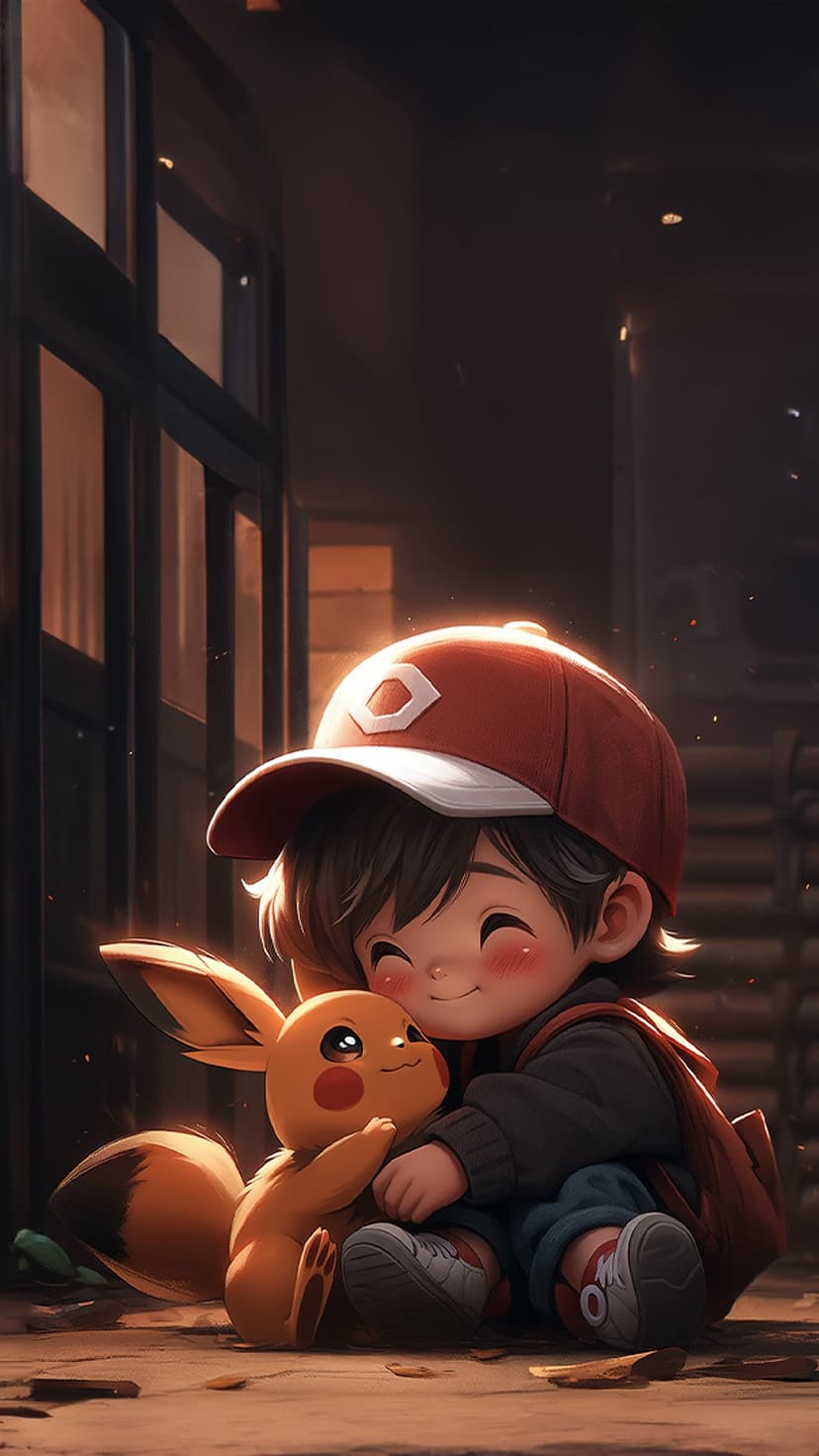 Child wearing a red baseball cap embraces a yellow Pikachu plushie under soft golden ambient light.
