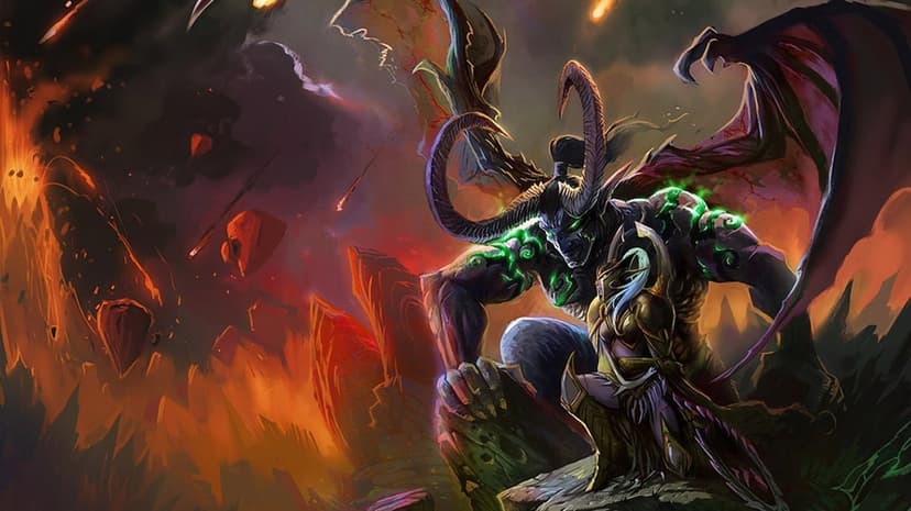 Giant horned demon with glowing green tattoos looms over a female knight in a burning volcanic wasteland.