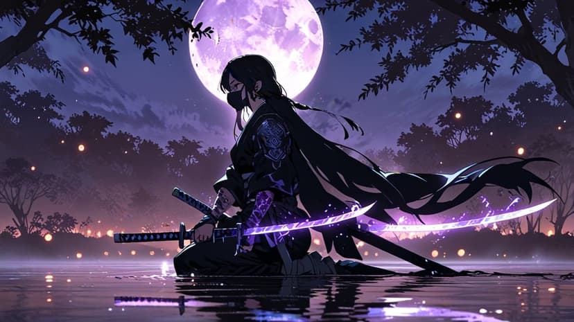 Female ninja kneels in shallow water holding glowing purple katanas beneath a large, luminous violet moon.