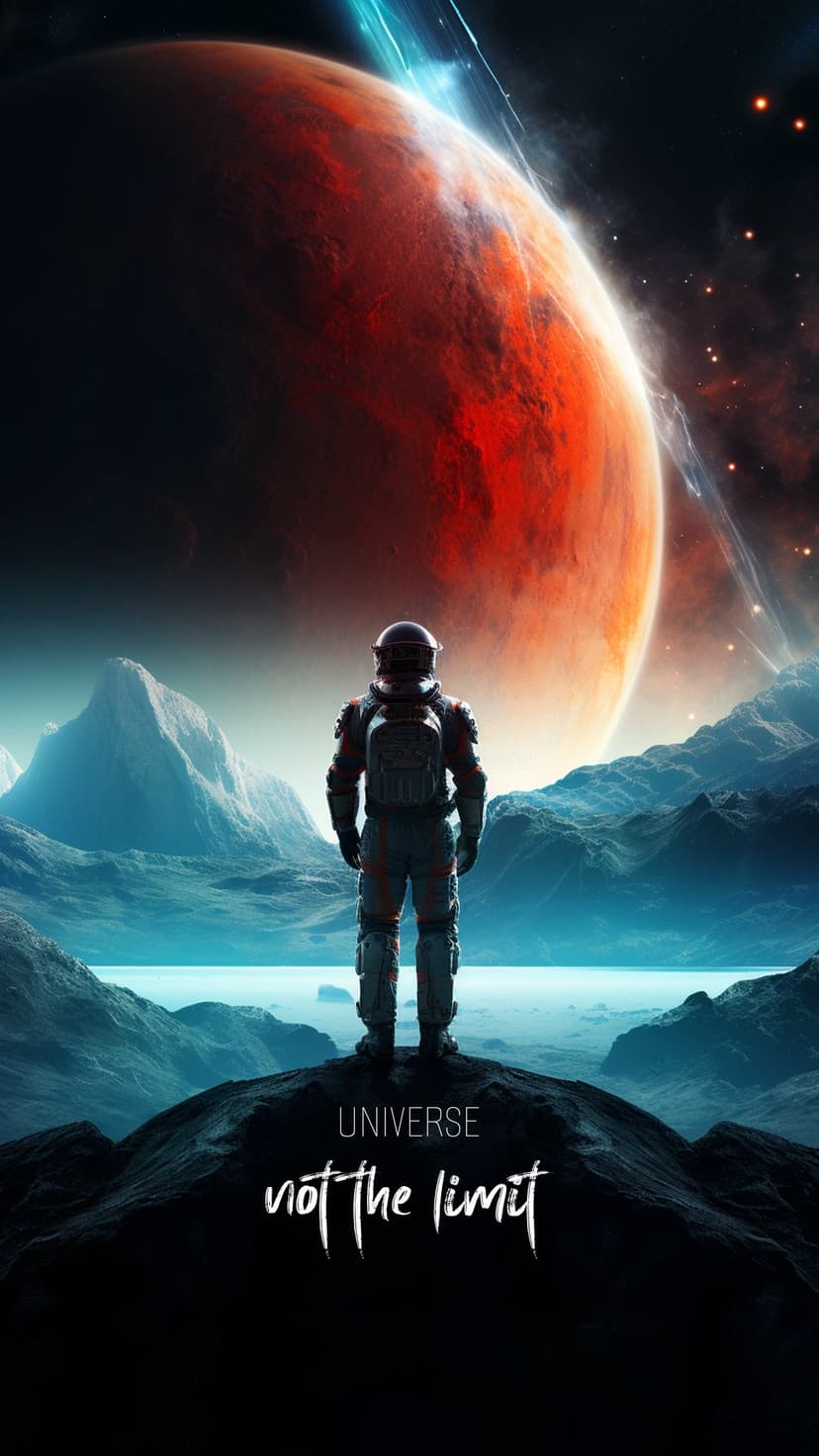 Astronaut in a white suit stands on rocks looking at a giant burning planet with rings and orange clouds.