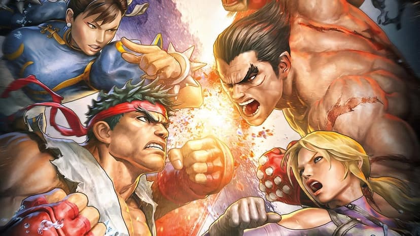 Ryu and Kazuya Mishima clash fists in an energetic explosion of light between Street Fighter and Tekken fighters.