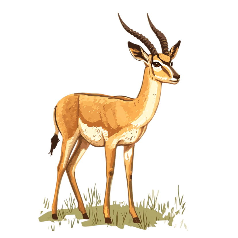 Gazelle antelope with ridged horns stands in green grass blades against a dark black high-contrast background.