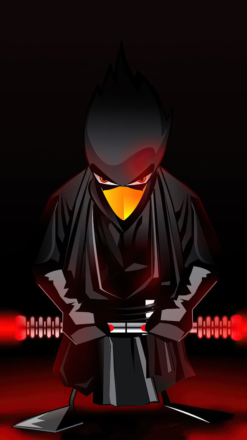 Black hooded bird holding two glowing red lightsabers against a dark background with a vibrant crimson light glow.