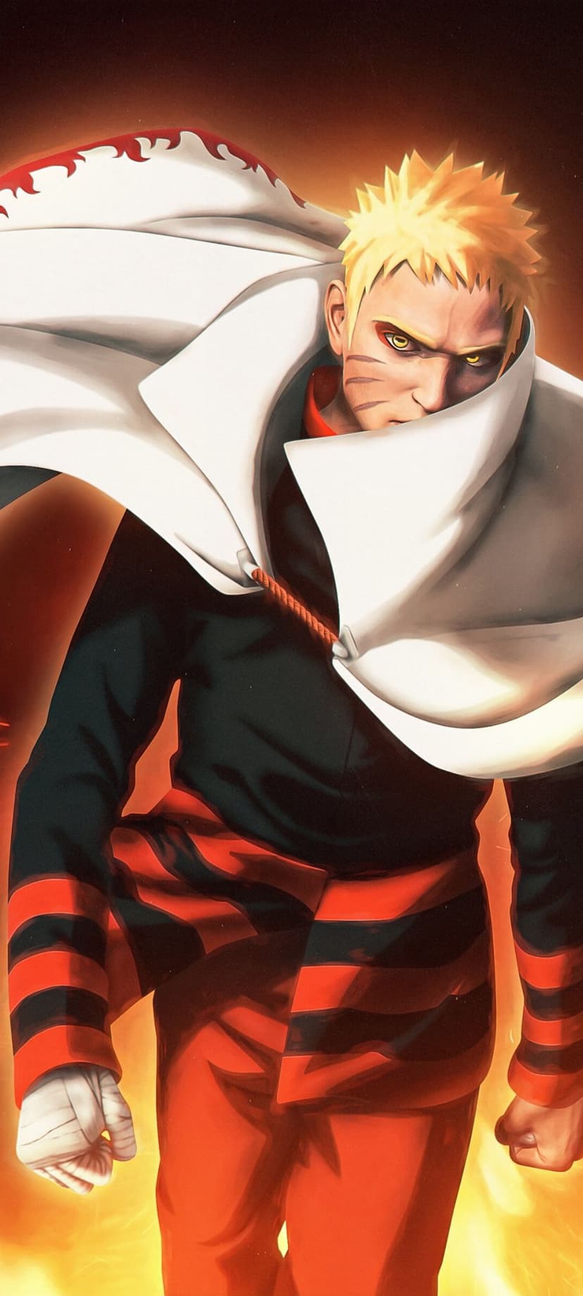 Naruto Uzumaki wearing a white Hokage cape with red flames stands before a glowing orange and amber background.