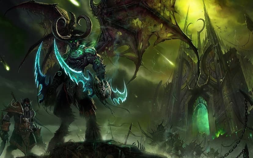 Illidan Stormrage holds glowing green warglaives before a dark gothic temple under a fel-streaked sky.