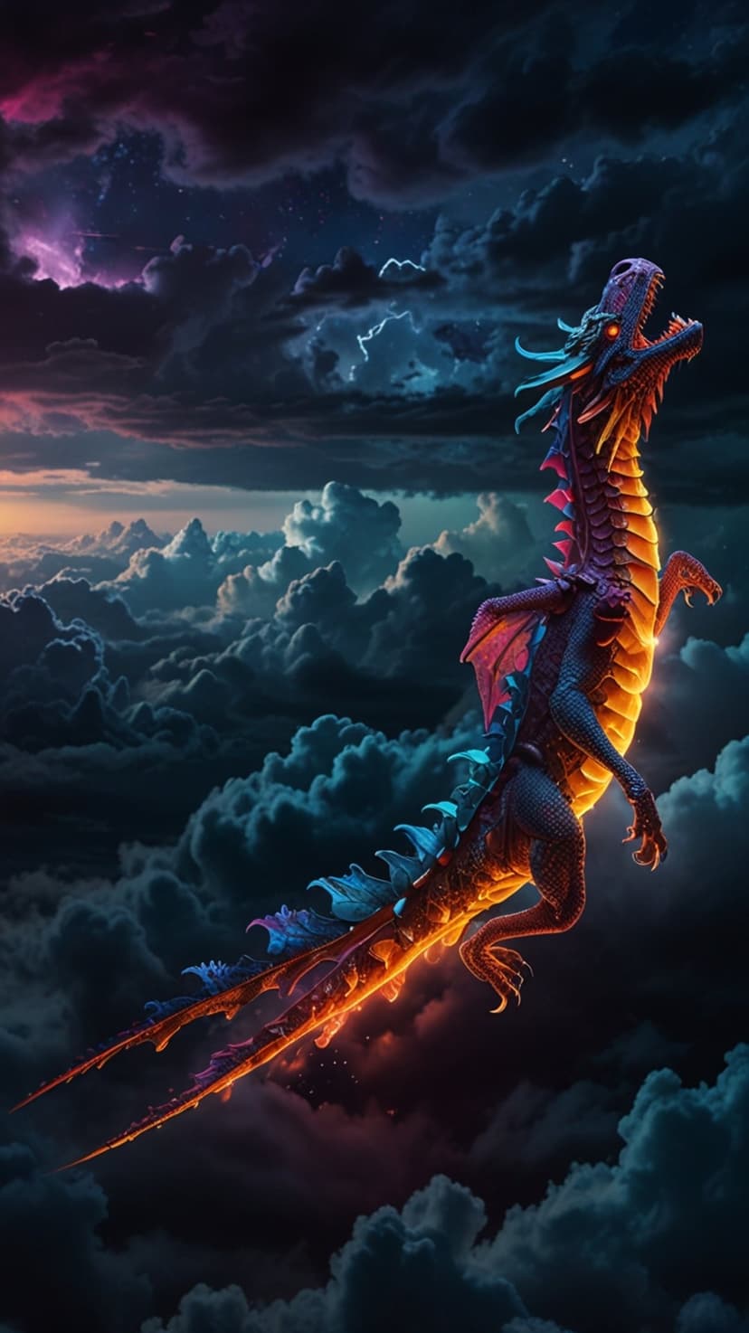 Dragon with glowing orange scales and blue fins flies through dark clouds and bright electric lightning bolts.