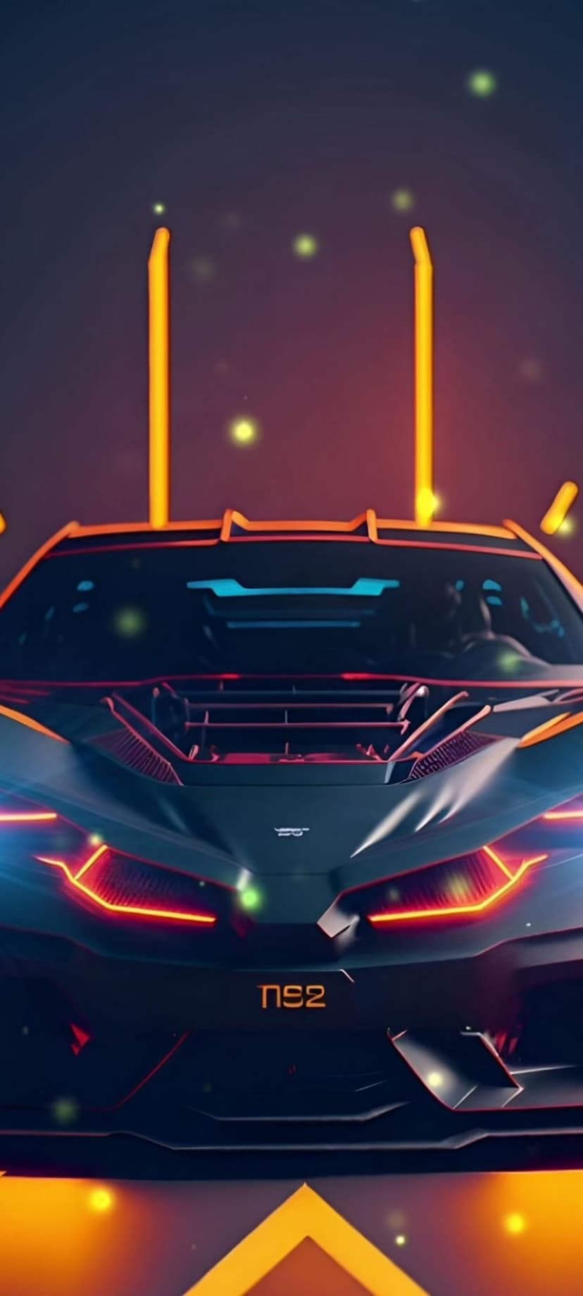 Cyberpunk supercar with orange and blue glowing accents parked against a dark city backdrop with bokeh lights.