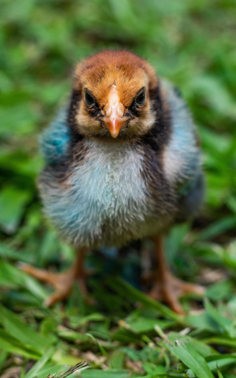 Fluffy baby chick with blue and brown feathers standing on bright green grass with a soft blurred background.