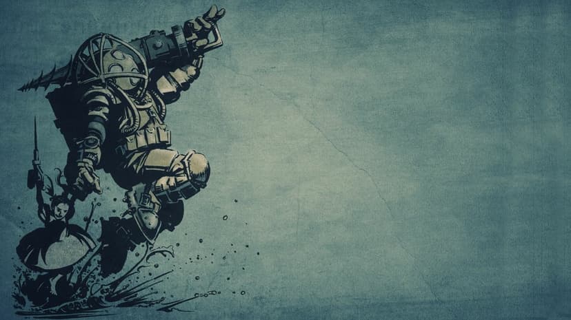 Subject Delta Big Daddy jumping with a Little Sister on a textured blue-grey background in ink style.