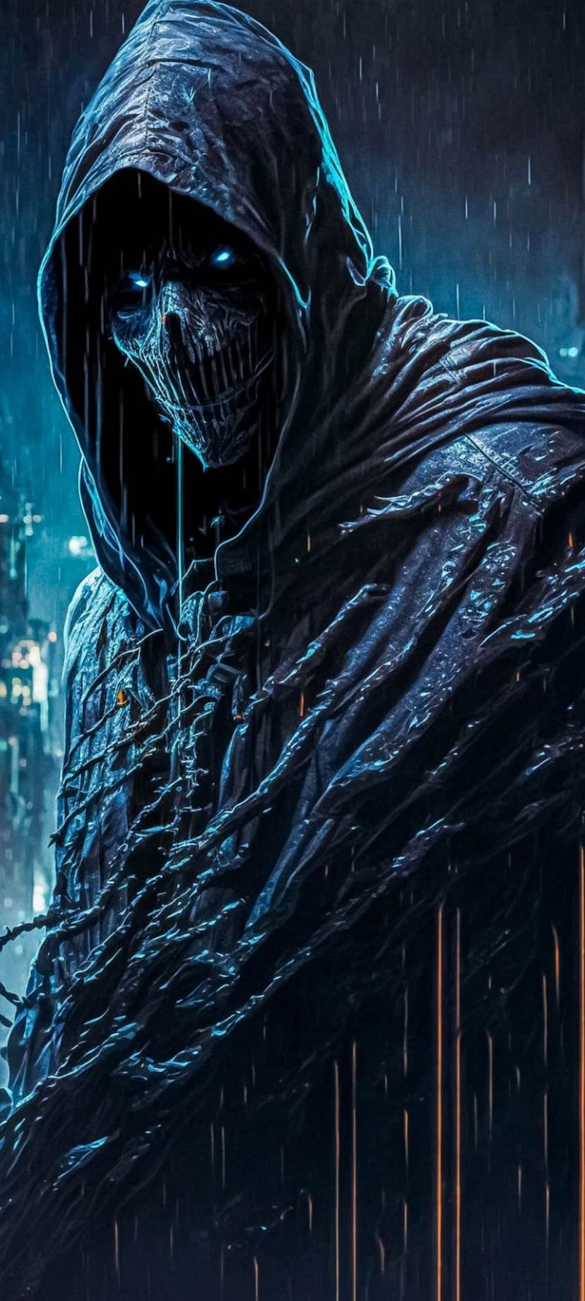Hooded skeletal figure with glowing blue eyes stands in heavy rain against a blurred neon futuristic cityscape.