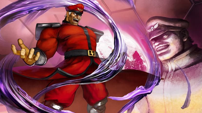 M. Bison in a red uniform stands surrounded by purple energy swirls against a high-tech Shadaloo background.