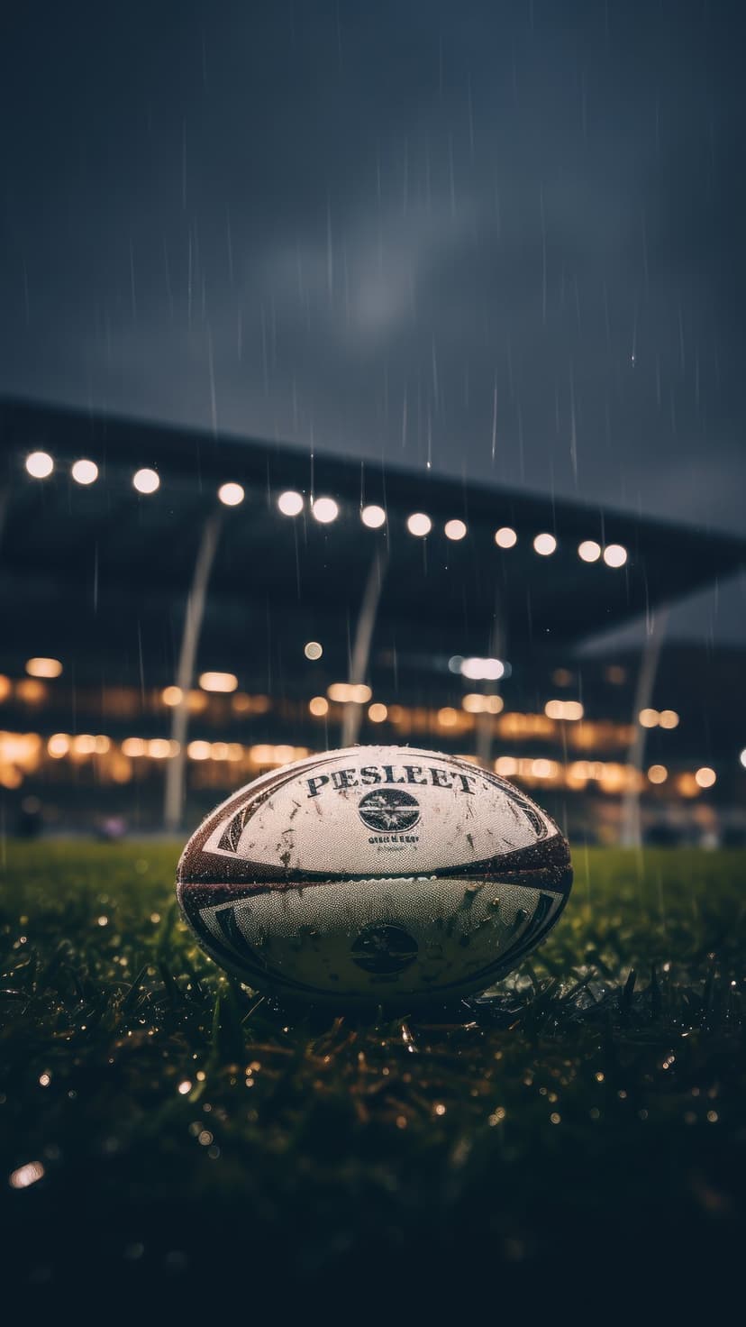 Rugby ball on wet grass with visible raindrops and blurred stadium floodlights in a vertical night composition.