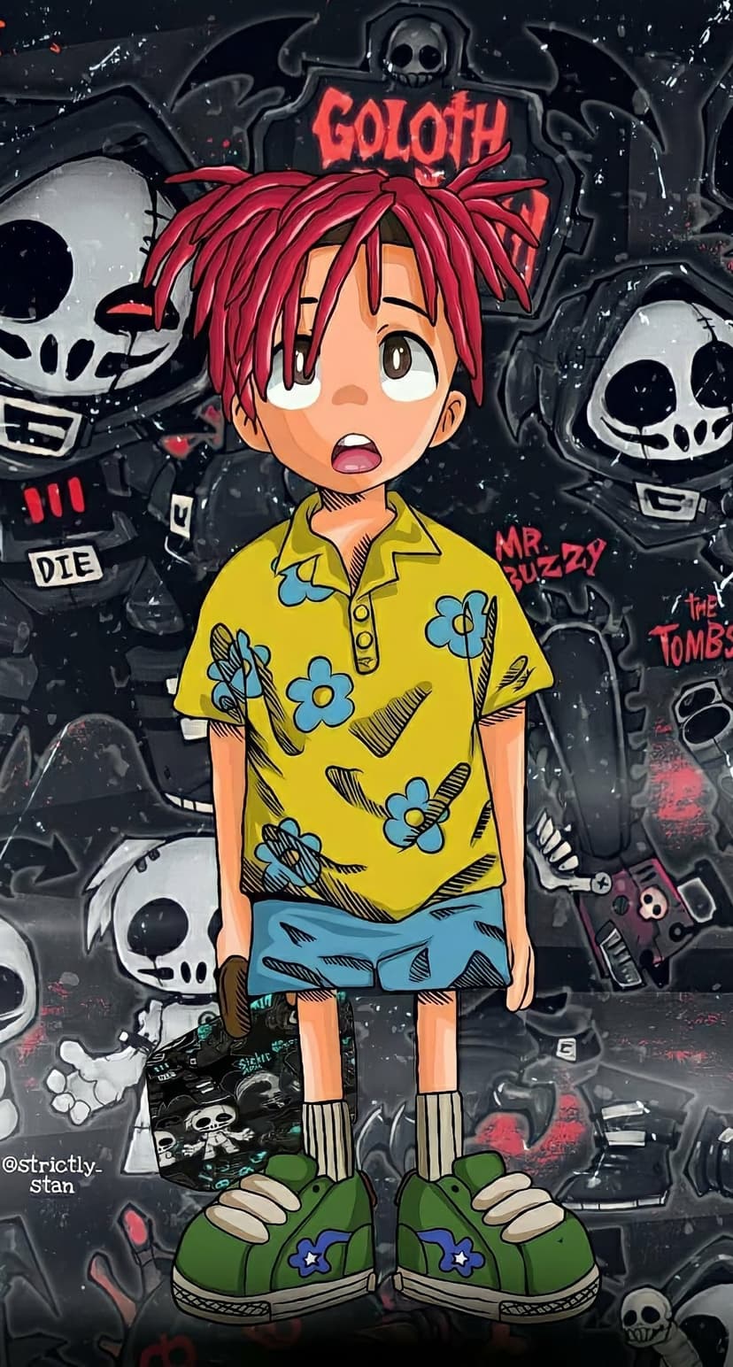 Red-dreadlocked man in a yellow floral shirt stands surrounded by floating skulls and hooded grim reaper spirits.