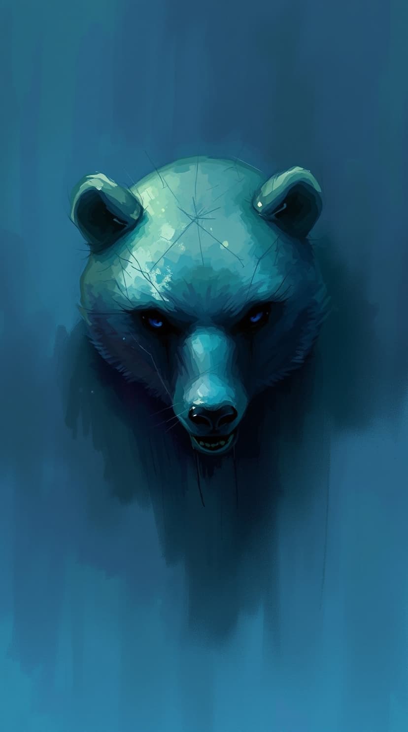 Blue grizzly bear with luminescent eyes and frosted fur set against a dark indigo background with subtle cracks.