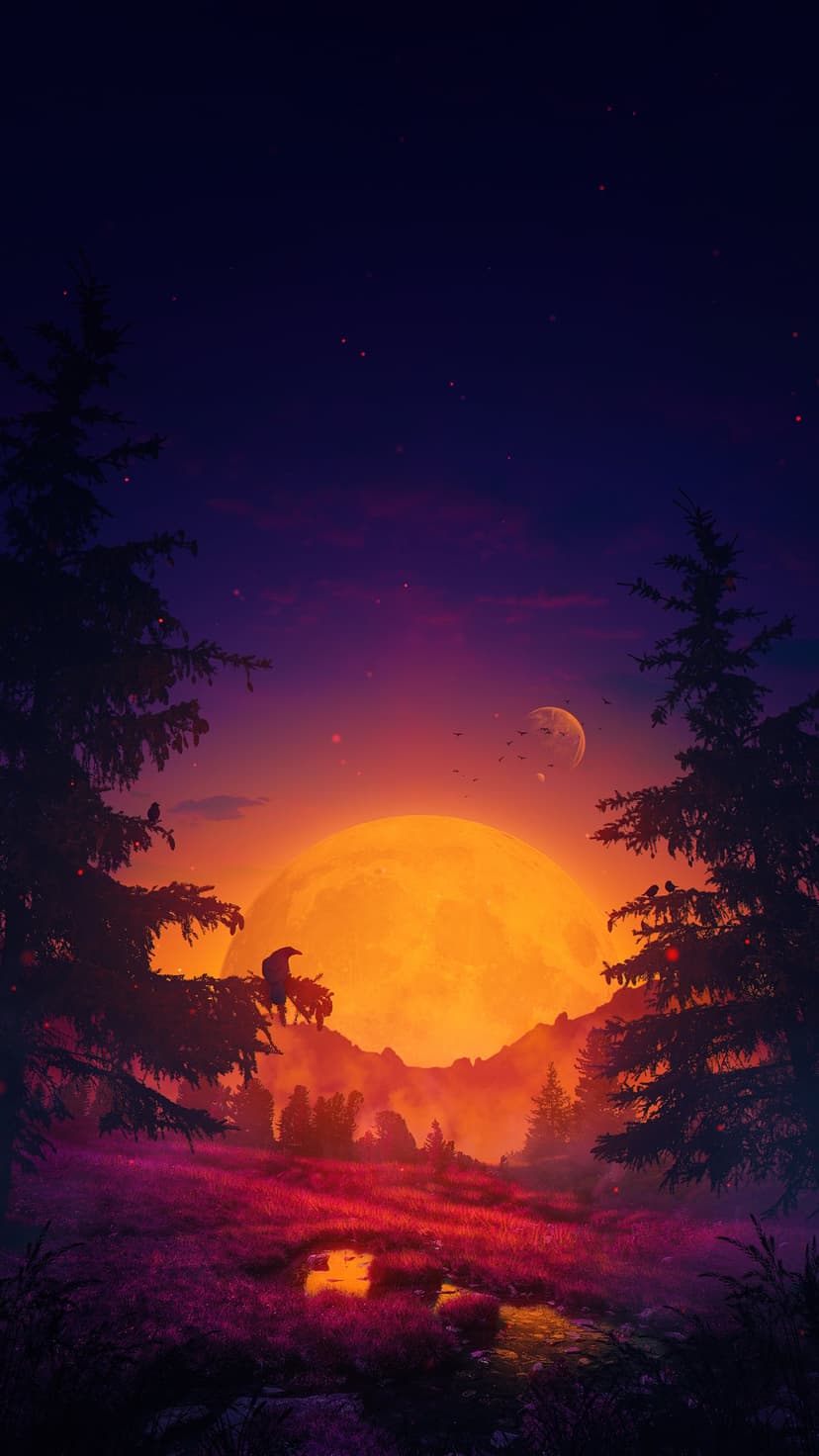 Giant orange moon looms over a silhouetted forest and reflective lake under a starry purple and red sky.