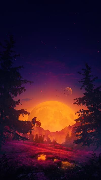 Mystical Sunset Over Landscape with Giant Moon