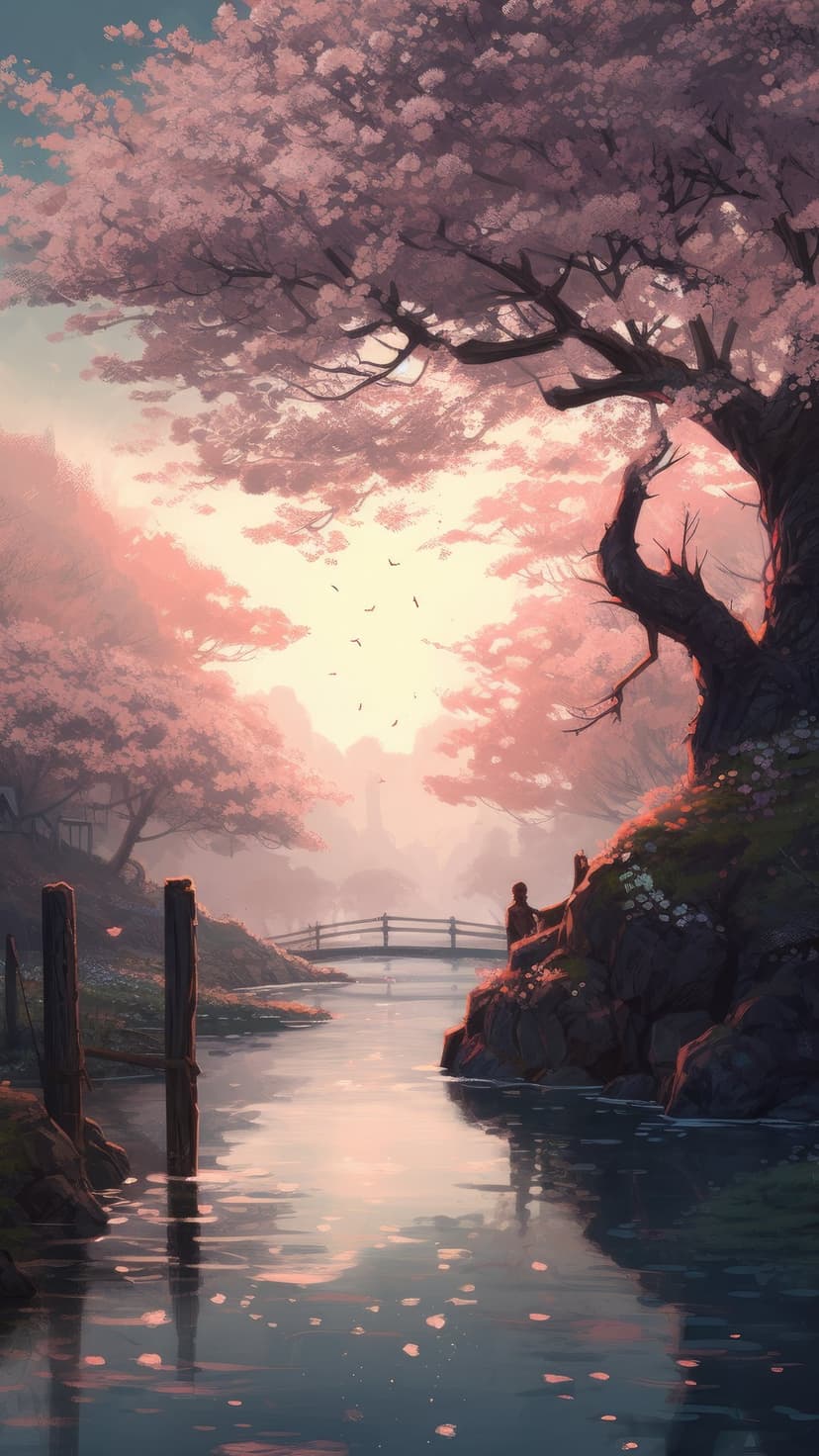 Pink cherry blossom trees arch over a reflective river with a stone bridge under a soft glowing sunset sky.