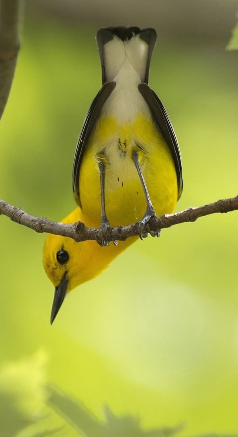 Yellow bird hangs upside down from a thin tree branch against a soft-focus green forest background in close-up.