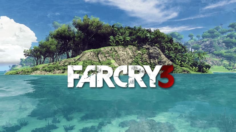 Far Cry 3 game title over a tropical island with lush green trees and clear turquoise ocean water.