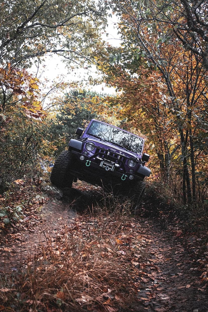 Purple Jeep 4x4 tilted on a forest trail covered in orange autumn leaves with misty trees in the background.