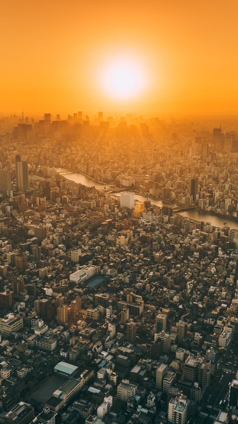 Densely packed city buildings and a winding river glow under golden sunset light in an aerial vertical view.