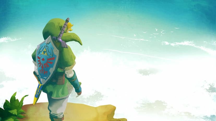 Link with Hylian Shield stands on a cliff edge looking over white clouds and a blue sky with flying birds.
