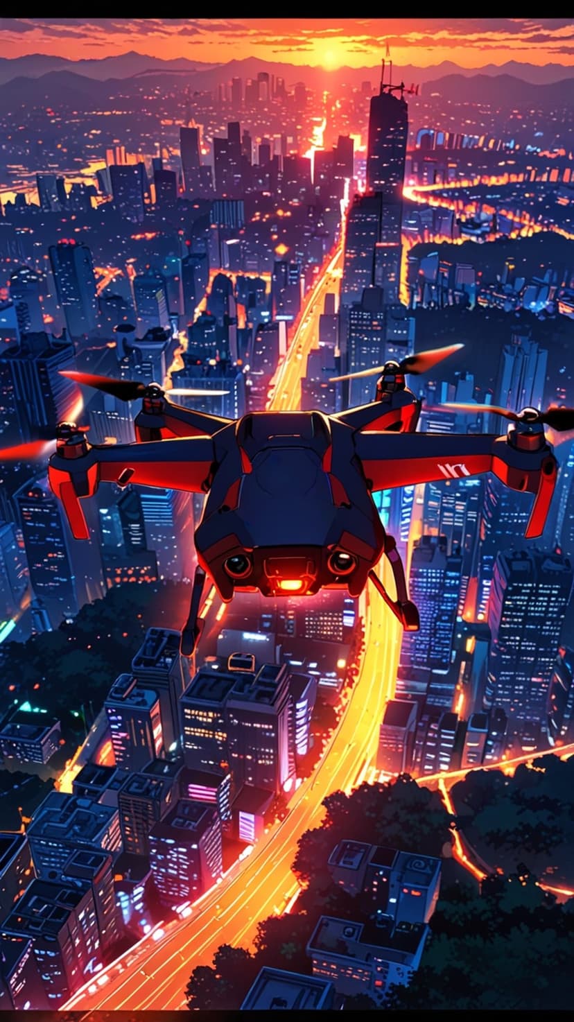 Red-lighted drone flying over a neon-lit city at sunset with glowing skyscrapers and a busy highway below.