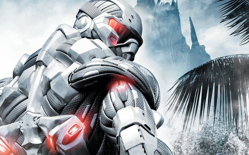 Close-up of a soldier in a silver nanosuit with red glowing lights against a mountain and palm background.